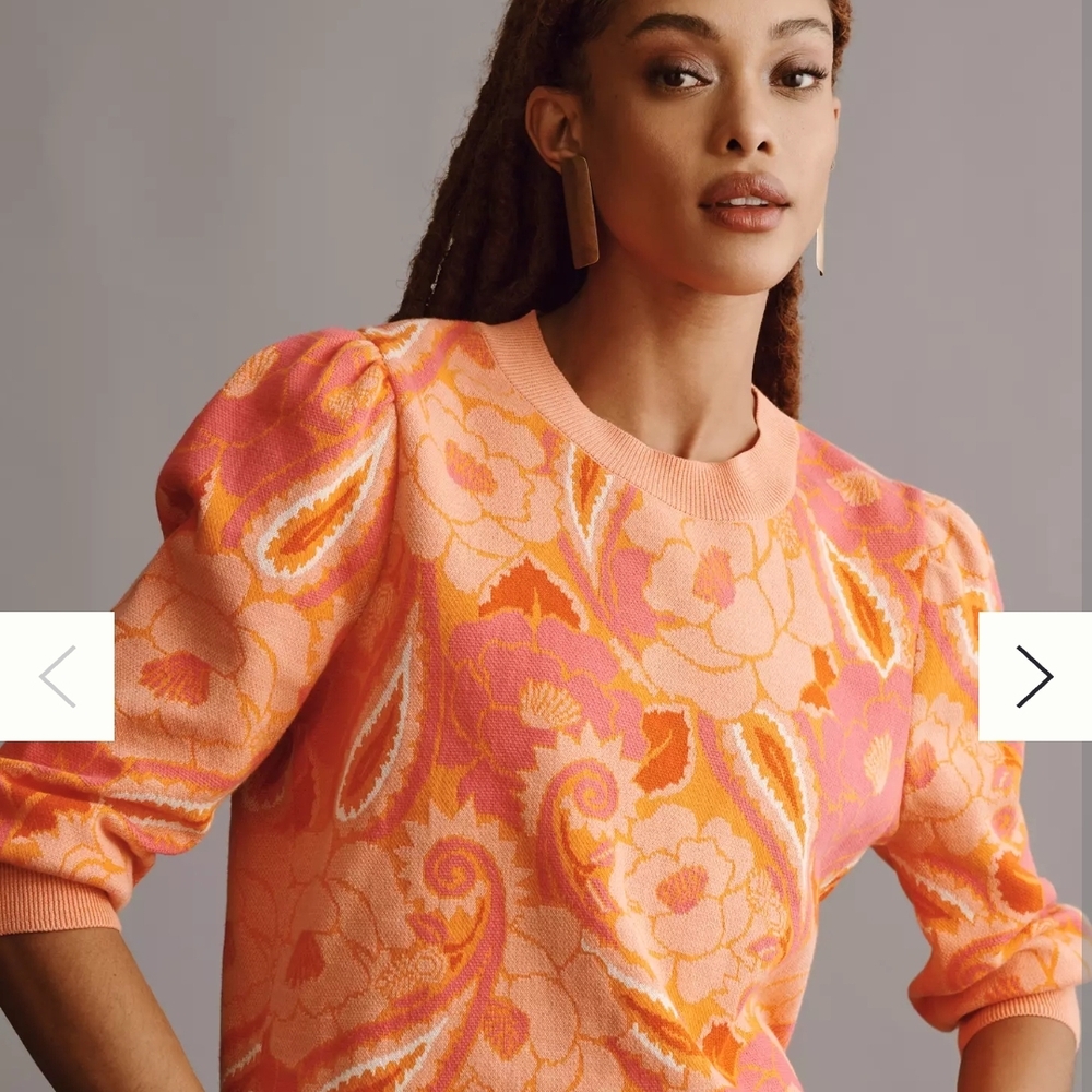 Farm For Anthropologie Orange and Pink Floral Sweater